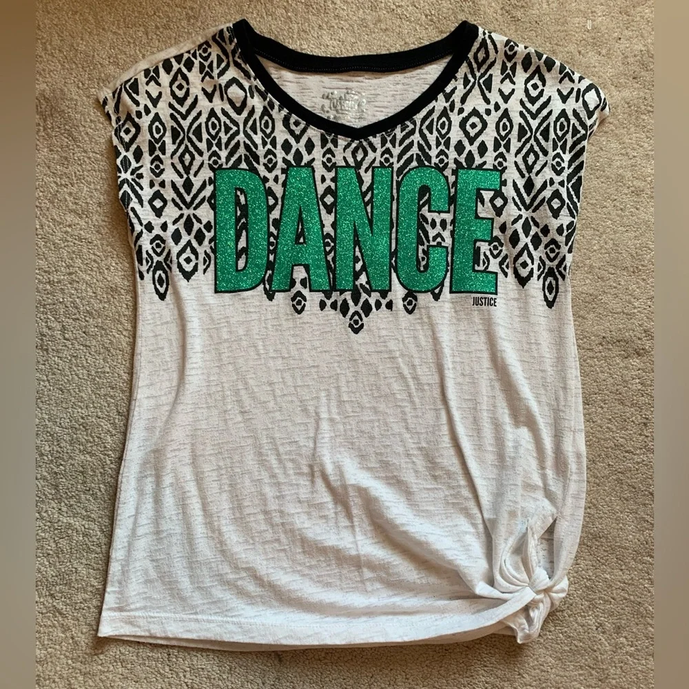 Justice “Dance” girls shirt. Tie on side. Size 10.
